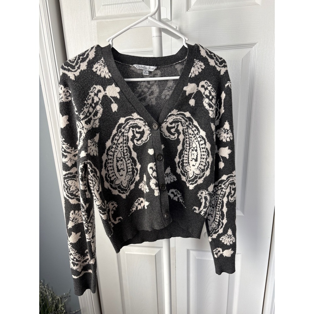 Ophelia Roe Womens Charcoal Gray Cream Paisley Floral V-Neck Button Cardigan S